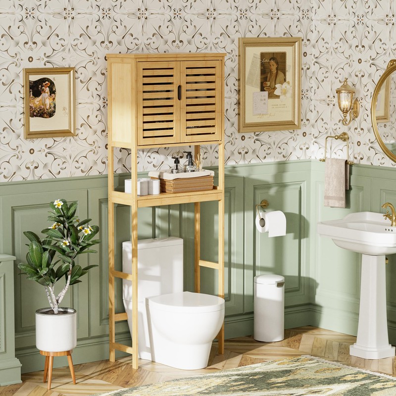 SMIBUY Bathroom Over The Toilet Storage Cabinet, 2 Door Bamboo