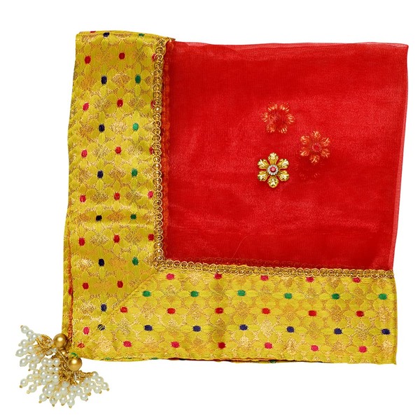 Red Silk Pooja Thali Cover Puja Cloth Mat Aasan Decorative Cloth (Size:-18 Inches X 18 Inches,) for Multipurpose Pooja Decorations Item & Article Yellow Laxmi