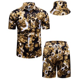 fohemr Outfit Men's Baroque 2-Piece Golden Chain Pattern Shirt Shorts with Bucket Hat Leisure Suit Summer Holiday Beach Set