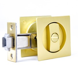 Dontay Pocket Door Privacy Lock, Flush Handles, 2-3/8" Backset, (Bed/Bath) Latch, Recessed Knob, Hardware for 1 3/8” to 2 3/16” Thickness Door (Excluding Edge Pull, Satin Brass, Square - 1 Pack)