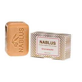 Nablus Soap Bio-Olivenölseife Granatapfel, PALMÖLFREI, VEGAN, unparfümiert & rückfettend, für alle Hauttypen geeignet, auch als Haarseife sehr gut geeignet, 100g