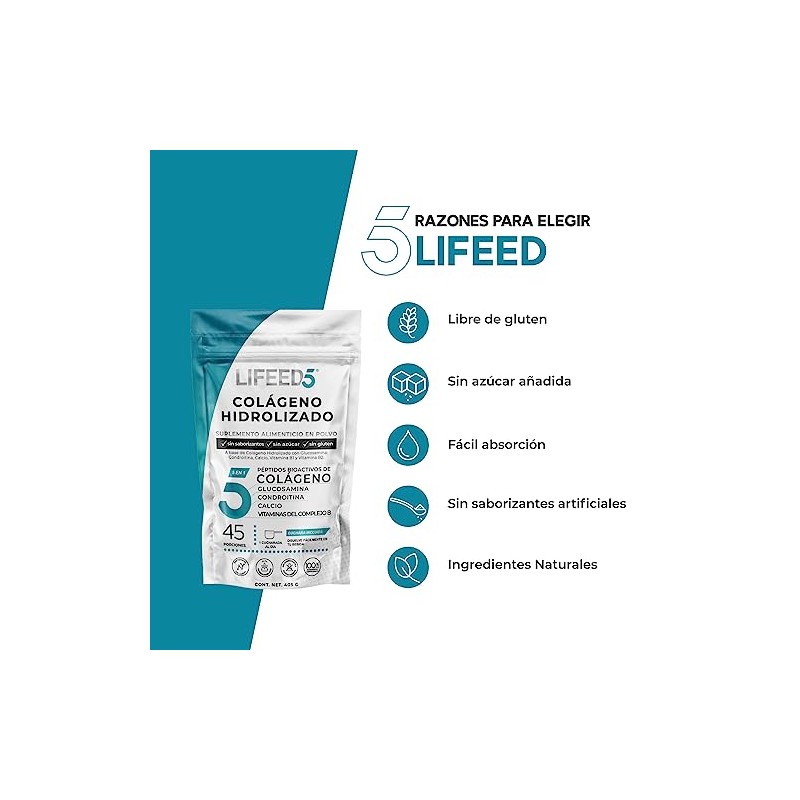 LIFEED5 Colágeno Hidrolizado en Polvo con Glucosamina | 45 porciones