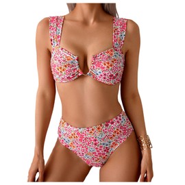 SOLY HUX Women's Floral Print Swimsuit V Wire High Waisted Bikini Set Two Piece Bathing Suit Multicoloured Floral Medium
