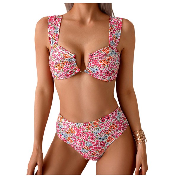 SOLY HUX Women's Floral Print Swimsuit V Wire High Waisted