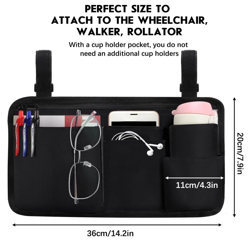 Ctwwfs Upgrade Wheelchair Side Bag with Cup Holder, Armrest Accessories