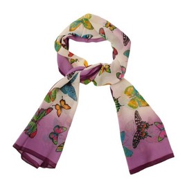 Bedazzled Purple and Cream Fade with Multicoloured Butterfly Patterned Print Lightweight Summer Chiffon Scarf - in Gift Bag