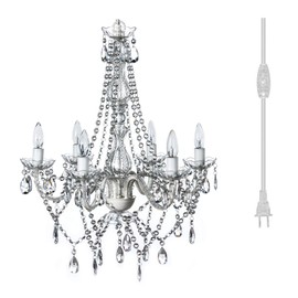 gypsy color The Original Brink House Plug-in 6 Light Crystal White Hanging Swag Chandelier H26”xW12”, White Metal Frame with Clear Glass Stem and Acrylic Crystals
