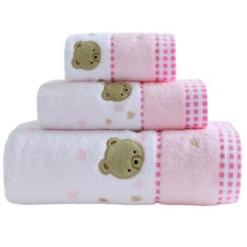 KINGSHORE 3 Piece Premium Bath Towel Set (Cute Bear), 1 Bath Towel 1 Hand Towel 1 Washcloth, Quick-Drying, 100% Cotton，Oeko-TEX Certified (Pink)