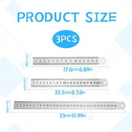 3PCS Metal Ruler Set Metal Ruler 30cm/20cm/15cm Straight Edge Ruler Silver Measuring Rulers Tool Stainless Steel Rulers for Student School Office Teaching Rulers