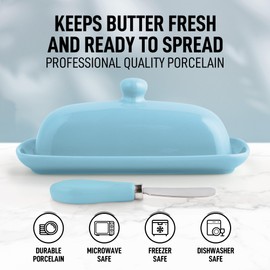 Zulay Butter Dish With Lid For Countertop - Porcelain White, Ceramic Butter Dish with Knob Handle Great for Cooking - Elegant Design Butter Holder - Durable & Sturdy Butter Keeper - Light Blue