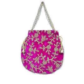 IGH Handmade Women's Velvet Embroidered Potli Purse | Indian Drawstring Bag | Pink Ethnic Handbag for Weddings & Parties (Pink,1 Pcs)