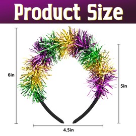 Watayo 2 Pcs Mardi Gras Headband for Women, Adjustable Glitter Mardi Gras Tinsel Hairband, Purple Green Gold Headwear Hair Accessories for Mardi Gras Masquerade Parade Party Favors
