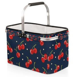 Collapsible Picnic Basket with Handle, Shopping Basket Aluminum Frame, Grocery Basket Tote for Women, Farmers Market Basket, Harvest Baskets Camping Travel Portable Beach Bag (Cherry)