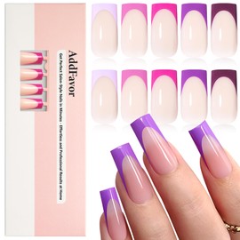 AddFavor French Tip Press on Nails Long Square Fake Nails - 150Pcs Purple French Nail Tips Acrylic Glue on Nails Press on Nail with Nail Glue and Adhesive Tabs 15 Sizes