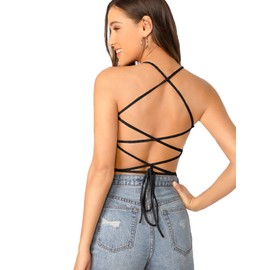 Verdusa Women's Lace Up Backless Ribbed Halter Crop Top Black XS