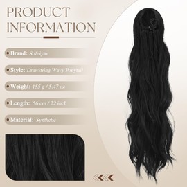 Sofeiyan Ponytail Hairpiece with Drawstring, 56 cm Long Wavy Braid Ponytail Hair Extension, Synthetic Natural Drawstring Ponytail Extension for Women, Black