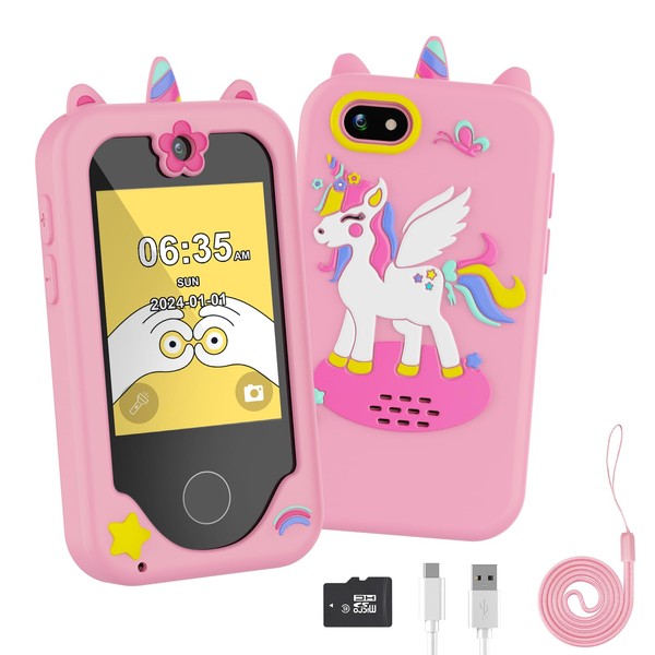 Diswoe Kids Phone for Girls, Christmas Birthday Unicorn Gifts for 3 4 5 6 7 8 Year Old Girls, Touchscreen Toddler Learning Phone Toy for Kids Age 3-8 with Dual Camera, Game, Music 8G SD Card(Pink)