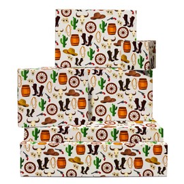 CENTRAL 23 Cowboy Wrapping Paper - 6 Sheets Of Brown Birthday Gift Wrap - Cowboy Elements - Boots Hats Cactus - Bridal Shower - Comes With Stickers
