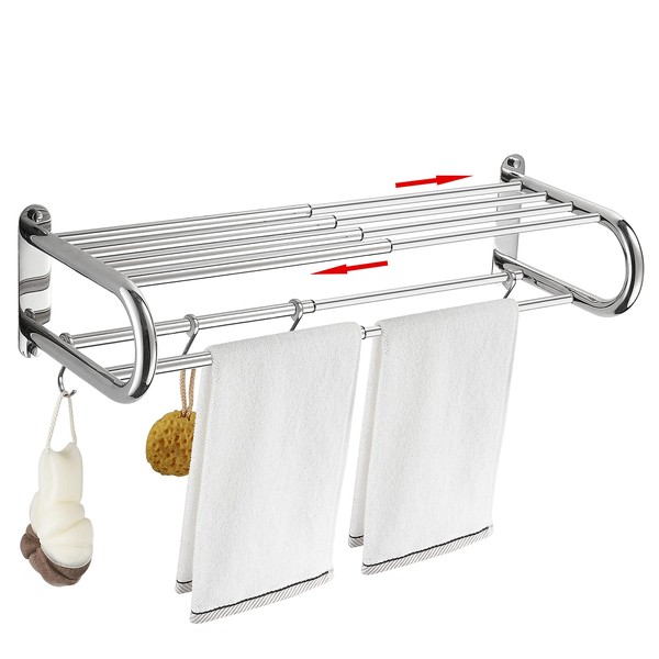BESy Stainless Steel Towel Racks with Shelf, Adjustable 15 to 26.8 Inch Bathroom Shelf with Towel Bar Rod and Hooks for Wall Mount, Multifunction Double Towel Holder Hotel Style,Polished Chrome