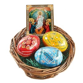 Needzo Hand Painted Ukrainian Wooden Easter Eggs Pysanky in Basket With Resurrection Of Christ Icon 3 Inch, Easter Basket Gift Set