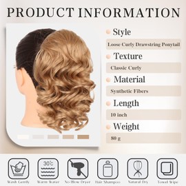LEOSA Short Honey Brown Loose Wavy Drawstring Ponytail Hair Pieces for Black Women Blonde Curly Synthetic Ponytail Drawstring Hair Extensions HighLight Golden Brown Fake Ponytail for Daily Use 10Inch M26#