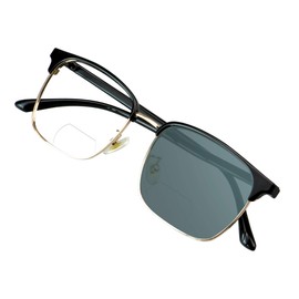 VisionGlobal Bifocal Reading Glasses, Photochromic Dark Gray Sunglasses for Men/DownWomen, Classic Retro Square Eyewear Reduce Fatigue (Black, Up+0.75/Down+3.50 Magnification)