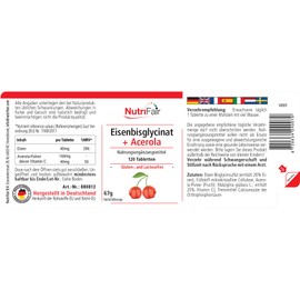 Iron Bisglycinate + Acerola - with 40 mg Iron & 160 mg Acerola per Tablet - 120 Tablets - High Dose - 100% Vegan - German Production & Laboratory Test - NutriFair | Premium & Fair