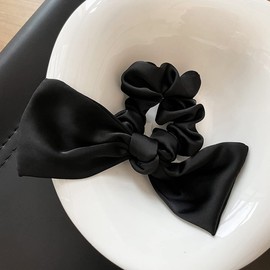 scicent Satin Scrunchies Black Satin Silk Stretchy Solid Color Hairbands for Thick Hair Curly Hair Thin Hair Sleeping Traceless Frizz Prevention 2Pcs - Black