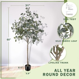 LYERSE 5ft Artificial Eucalyptus Tree in Plastic Nursery Pot, Tall Faux Eucalyptus Stems Fake Plants with Silver Dollar Leaves, Artificial Trees for Office House Living Room Home Decor Indoor
