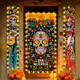 VitalCozy 3 piezas de letrero para el Día de los Muertos con luces LED para decoración de puerta mexicana, diseño de calavera de azúcar para fiesta de