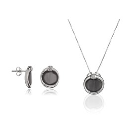 Orphelia 925 Silver Set Earrings + Pendant with Chain with Black Cateye and Zirconium, Sterling Silver, Cubic Zirconia