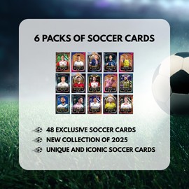 Soccer Trading Cards 2025 | 6 Packs - 48 Collectible Cards for Fans Mystery Cards Packs Contain Random Premium Cards in Each Set - Try & Collect Them All - Great Gift!