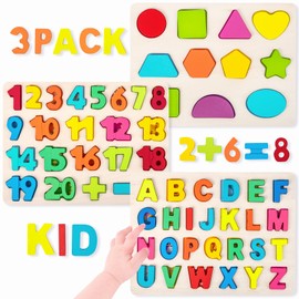 Wooden Puzzles for Toddlers, Alphabet Puzzle and Number Shape Puzzle, 3 in 1 Preschool Educational Learning Toys with Chunky Wood ABC Puzzle Board for 2 3 4 5 Girls Boys Kindergarten Set of 3