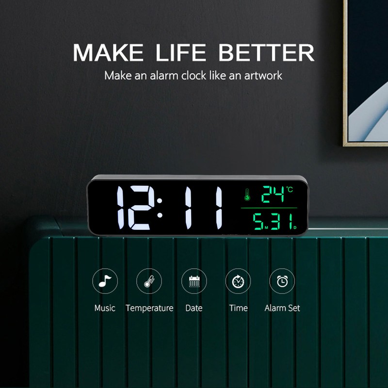 LED Music Alarm Clock 5 Adjustable Brightness 12/24H Large Display
