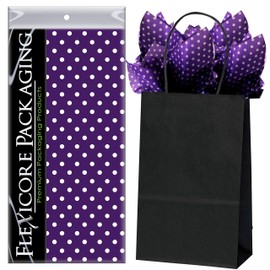 Flexicore Packaging Black Kraft Paper Gift Bags & Purple Gift Wrap Tissue Paper | Size: 5.25 Inch X 3.25 Inch X 8.25 Inch | Count: 50 Bags | Color: Purple Polka Dot