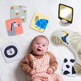 Taf Toys Tummy Time Set with Ergonomic Cushion, Double-Sided High Contrast Black & White Flash Cards & Mirror Card, Developmental Baby Play Mat Accessories & Card Stands for Newborn Infant Tummy Time