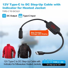 Smarkey 12V Heated Jacket Battery Step-Up Adapter Charger Cable, Type-C to DC5.5mm