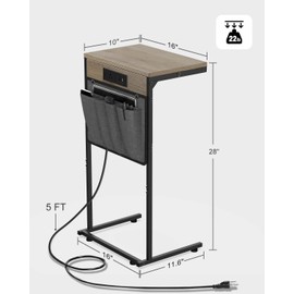 Evermagin C Shaped End Table with Charging Station, Small Side Table with Storage Bag for Couch and Recliner, Slide Under Sofa Tray for Living Room, Bedroom, Greige