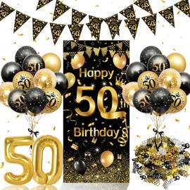 50th Birthday Decoration, Rainllon 50th Birthday Men Women, Confetti Decoration 50th Birthday, 50th Birthday Decoration Balloons Black Gold, Birthday Decoration 50 Years Long Banner Background, 50th