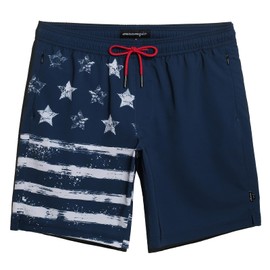 maamgic Mens Swim Trunks 9 Inch with Mesh Lining Bathing Suit Stretch Board Shorts with Zip Pockets for Swimming Shark Blue American Flag X-Large