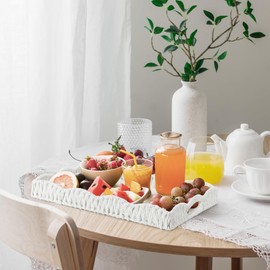 Bellzacasa Scalloped Tray with Handles, Hand Woven Scalloped Paper Rope Decorative Tray, Square Serving Tray for Coffee Table Living Room Ottoman Decor and Organizer Trays (White, 15" x 11" x 2.3")