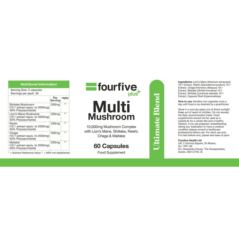 fourfive Multi Mushroom Supplement (10000mg) Ultimate Blend with Reishi, Lion's