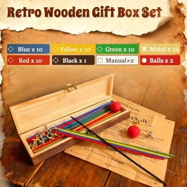 TriMagic Metal Jacks Game and Pick Up Sticks Set in Wooden Gift Box for Kids and Adults, 2-in-1 Classic Retro Vintage Games Old School Toy for Family,