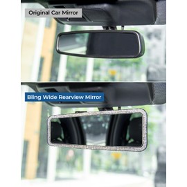 JOYTUTUS Rear View Mirror, Universal 11.81 Inch Panoramic Rearview Accessories with Bling Rhinestones Crystal Diamonds Edge, Interior Clip-on Wide Angle Rear View Mirror -White