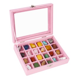 Dmnnlp 24 Grids Rock Display Case, Velvet Rock Collection Box with Clear Lid, Storage Display Box for Small Gemstone Fossil Crystal Stone Rings Earrings Charms Collectibles(Pink)
