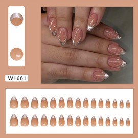 French Tip Press on Nails Almond Short Fake Nails Artificial Glossy Designs Silver Nial Tips Full Cover False Nails Almond Shape Glue on Nails for Women Girls Manicure Decorations 24Pcs