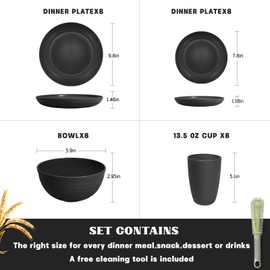 Kitchen Wheat Straw Dinnerware Sets (33pcs) Attached cleaning brush,Service For 8,Plastic Plates and Bowls Sets,Unbreakable Dinnerware,Lightweight Plastic Plate Set