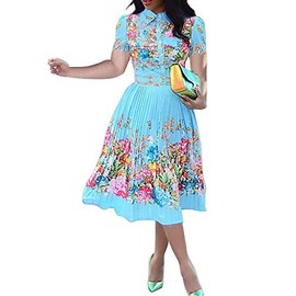 VERWIN Lapel Three-Quarter Sleeve Knee Length Pleated Floral Women's Sheath Dress (Large, Blue Short Sleeve)