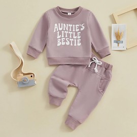 Toddler Infant Baby Boys Girls Fall Outfits Auntie’s Little Bestie Letters Print Sweatshirt Tops and Jogger Pants Set(Purple,12-18M)