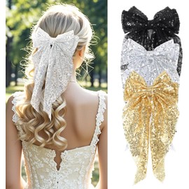 3PCS Big Bowknot Hair Clips Large Sequin Hair Bows Glitter Clips Soft Bowknot with long Tail Hair Bows Clips for Women and Girls Hair Accessories (Style, One size)